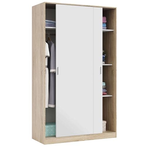 Habitdesign Armario 2 Puertas Correderas y Estantes, 200x120x50 (AltoxAnchoxFondo - en cm). Ropero Dormitorio Principal, Armario Infantil, Color Blanco Artik y Roble Canadian