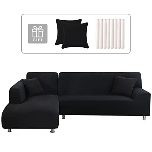 Lydevo Funda para Sofá Chaise Longue 2 Piezas Funda Cubre Sofá de Sofá Rinconera Forma de L Reversible con 2 Fundas de Almohada Elásticas Protector para Sofá Esquinero Derecho Izquierda,Negro