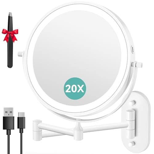 Auxmir Espejo Maquillaje con Luz 20X/1X Aumento 3200mAh Doble Cara Giratorio 360, Espejo Baño Pared Extensible Táctil con USB, 3 Colores Brillo Regulable, para Hotel, Blanco