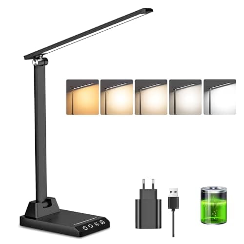 Ylatoial Flexo Escritorio,Lámpara Escritorio con 2500mAh Batería,5 Modos,10 Niveles de Brillo Lámpara Escritorio LED,Flexo Led Escritorio con Luz Nocturna,Función de Temporizador y Memoria,Negro