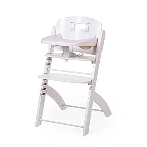 CHILDHOME, Trona Evolutiva : De 0 meses a 85KG, Tableta incluida, Madera de haya, Barra antivuelco, Arnés de seguridad de 5 puntos, Tornillos invisibles, Evosit blanco
