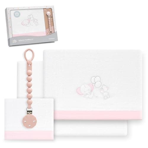 Interbaby - Juego Sabanas Cuna 60x120 Poliester 100% | Sabana Cuna Coralina, Cálida | Incluye Sabana Bajera, Encimera y Funda de Almohada | Ideal para Invierno | Elefante Globo Corazón Blanco/Rosa