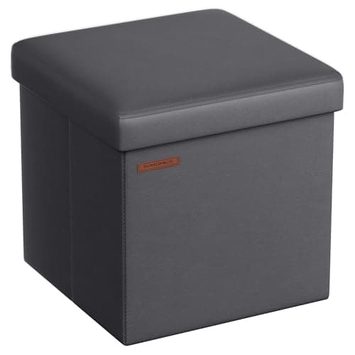 SONGMICS Puff Almacenaje de 38 cm, Banco de Almacenamiento Plegable con Tapa, Reposapiés, Cuero Sintético, Carga de 300 kg, para Entrada, Sala de Estar, Dormitorio, Gris Pizarra LSF010G01