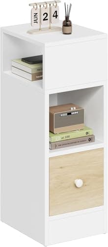 EUGAD Mesita de Noche Estrecha Blanco Vetas de Madera con 2 Compartimentos y 1 Cajón, 25x30x66 cm, Mesilla Auxiliar para Dormitorio Pequeño y Salón Espacios Reducidos, Moderno Madera, 0011CTG