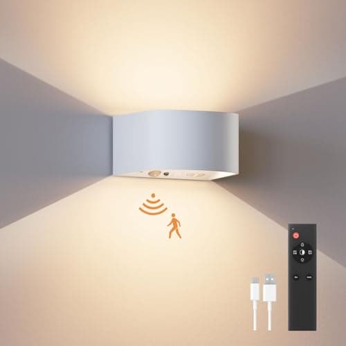 FULEN Lámpara de Pared con Sensor de Movimiento y Control Remoto, 3 Colores, luz de Pared Inalámbrica LED,Aplique de Pared Arriba y Abajo,Batería Recargable de 5000mAh,Brillo Ajustable,Blanco 1 Piezas