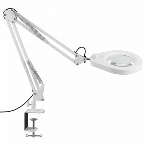 Lámpara de Aumento con Cristal de 5 dioptrías, Abrazadera de Acero de 6,4 cm, LED Regulables, Brazo Giratorio de 90 cm, diseño de Confort óptimo para esteticistas, Aficionados y Artesanos