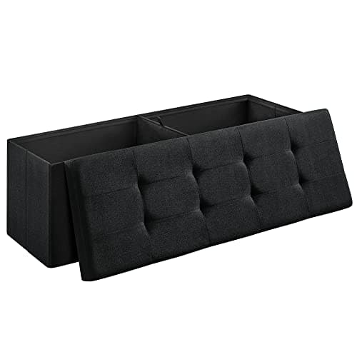 SONGMICS MAZIE Colección - Puff Almacenaje, Banco Plegable, 38 x 110 x 38 cm, Taburete Reposapiés, Pie de Cama, Soporta hasta 300 kg, para Sala de Estar, Dormitorio, Entrada, Negro Tinta LSF077B01