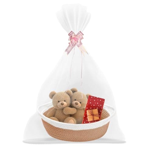 FRUHLING Cesta de regalo vacía trenzada, cesta de regalo con bolsas de celofán y lazo, cesta de almacenamiento de cuerda de algodón trenzada para baby shower, cumpleaños, bodas, festivales