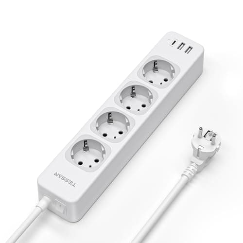 TESSAN Regletas Enchufes con USB C y USB A, 7 en 1 Alargador 2 Metros, Ladron Enchufes de 4 Tomas con Interruptor, 2500W Toma de Alargador 2M, Blanco