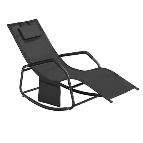 SONGMICS Mecedora, Silla Tumbona, con Dispositivo de Fijación, Cojín Ajustable, Marco de Acero, Tela Transpirable, Bolsillo de Almacenaje, 151 x 56,2 x 97,3 cm, Negro Tinta GCB230B01