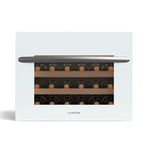 Klarstein Vinsider 24 Built-In Uno frigorífico empotrable para vinos - 24 botellas,1 zona,5-20°C, iluminación LED, protección UV, estantes de madera, silencioso,bajo consumo, blanco, puerta de cristal
