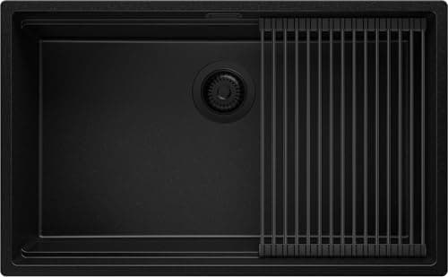 PRIMAGRAN Fregadero bajo Encimera Todo Negro 76x47cm, Cocina 1 Seno + Sifón + Enrollable Escurridor, Granito al Mueble 80cm - Prague Level S547