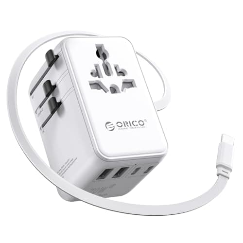 ORICO 70W Adaptador Enchufe Universal, Internacional Adaptador de Viaje con 2 Tomas AC y 5 Puertos USB (1 USB-C retráctil 100W), Enchufe Viaje para EU, Reino Unido, Americano, Australia - UAX(Blanco)