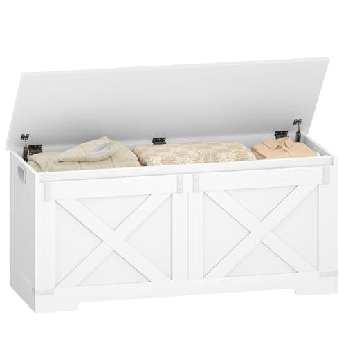 Hzuaneri 109 cm Banco de Almacenamiento, Caja de Madera con Bisagras de Seguridad, Armario de Depósito 40 x 109 x 48,5 cm, para Entrada Dormitorio Salón, Blanco SB10903X