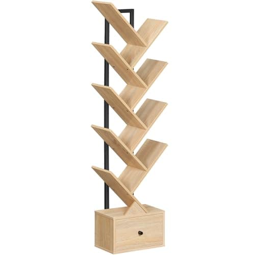 HOOBRO Librería en Forma de Árbol, Libería de Pie con 9 Niveles, Organizador de Libros, Estantería para CD/DVD/Libros, Estilo Vintage, para Salón, Estudio, Madera Natural y Negro EBN18SJ01G1