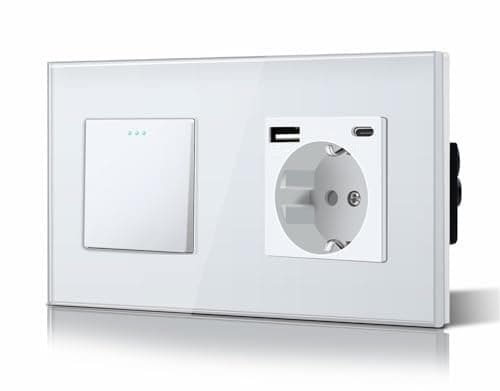 BSEED Interruptor Conmutador y Enchufe USB C,Basculante Con Luz de Orientación,Marco de Cristal,Fácil Instalación,Fáciles de Limpiar,1 Gang 2 Vía Con Enchufe USB/Tipo C,157mm Blanco