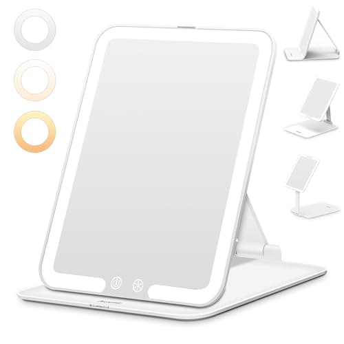 Auxmir Espejo Maquillaje con Luz Recargable Plegable Portátil para Viajes Mesa con Sensor Inteligente Control Táctil 3 Colores LED Brillo Regulable 1500mAh USB Inalámbrico Giratorio
