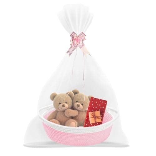 FRUHLING Cesta de regalo vacía trenzada con bolsas de celofán y lazo, cesta de almacenamiento de cuerda de algodón trenzada para baby shower, cumpleaños, bodas, festivales (blanco-rosa)