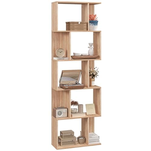 HOMCOM Librería de 5 Niveles, Estantería para Libros en Forma de S con 10 Estantes, para Sala de Estar, Dormitorio, Estudio, Oficina, 60x24x184,5 cm, Natural