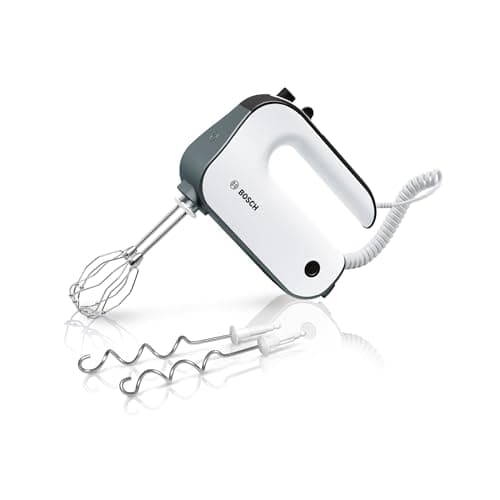 Bosch - Batidora de repostería, 5 niveles, 2 varillas de acero inox gancho para amasar 850 W, color blanco/plateado oscuro, MFQ49300