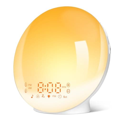 Despertador Luz, Wake Up Light LED Simulación de Amanecer y Atardece, 2 Alarmas, 20 Niveles Brillo, 7 Luces de Colores 7 Sonidos Naturales, Función Snooze, Radio FM, Infantil