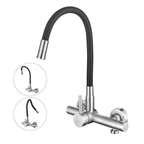 Grifo de Cocina Pared con 2 Modos,Grifería Monomando Rotación de 360°con Interfaz de Lavavajillas/Lavadora 3/4",Acero Inoxidable 304 Cepillado