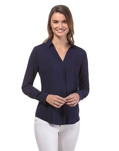 Vincenzo Boretti Blusa, Corte Recto, Cuello de la Camisa Azul Oscuro XS