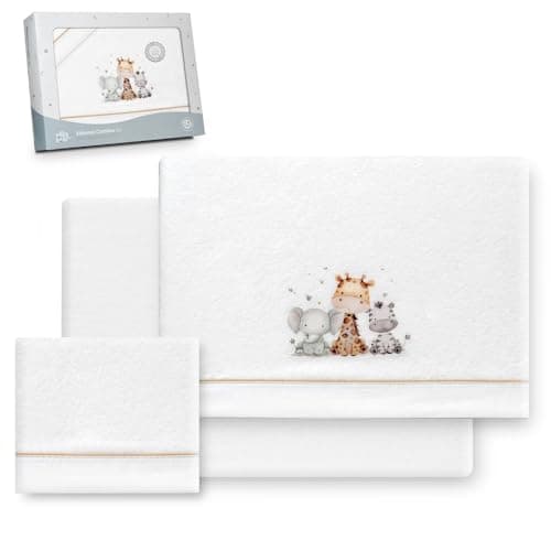 Interbaby - Juego Sabanas Cuna 60x120 Poliester 100% | Sabana Cuna Coralina, Cálida | Incluye Sabana Bajera, Encimera y Funda de Almohada | Ideal para Invierno | Jirafa Elefante Blanco/Beige