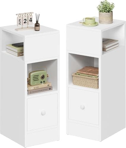 EUGAD Mesitas de Noche Pack 2 Estrechas Blancas con 2 Compartimentos y 1 Cajón, 25x30x66 cm, Mesillas Auxiliares para Dormitorio Pequeño y Salón Espacios Reducidos, Moderno Madera, 0179ZZ-2