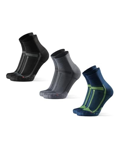 DANISH ENDURANCE Calcetines de Running Unisex, Antideslizantes, Calcetines Antiampollas para Hombre y Mujer, 3 Pack, Multicolor (1 x Negro/Gris, 1 x Gris/Negro, 1 x Azul/Amarillo), 31-34
