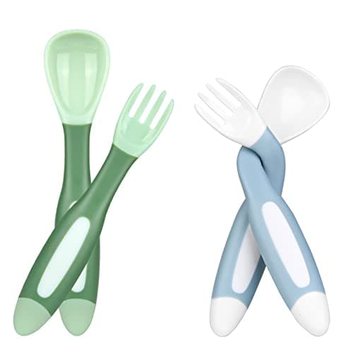 Vicloon Cuchara y Tenedor para Niños,4PCS Juego de Cubiertos para Niños Pequeños con Mango Flexible, Cuchara Giratoria con Variación de Temperatura para Bebés de 6 Meses+