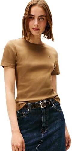 Tommy Hilfiger Camiseta de manga corta Mujer Slim Cody con cuello redondo, Marrón (Hunter Brown), M