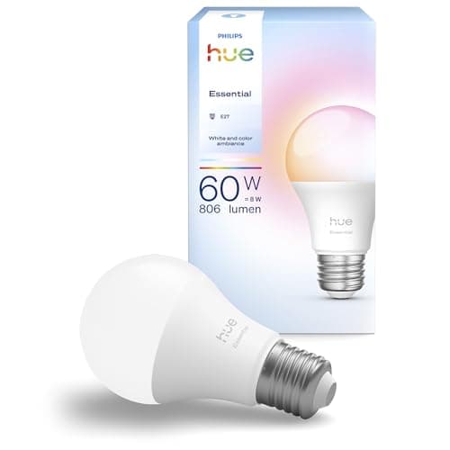 Philips Hue Essential - Bombilla Led Inteligente A60 Smart (1), luz blanca y colores, luminaria led E27 Base, 8 W, 2200 K-6500 K, 806 lm, regulable, compatible con Alexa, Google Assistant y Apple Home