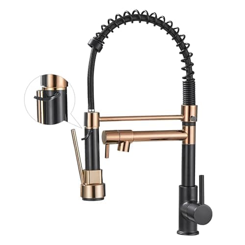 Grifo de cocina con rociador desplegable de arco alto de un solo mango para fregadero de cocina, color negro y oro rosa