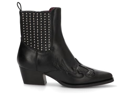 Etika Botines Camperos de Tacón para Mujer, Bota Estilo Cowboy con Tachuelas, Tacón Cubano de 5cm y Cierre con Cremallera, Modelo 110547 Negro - 39