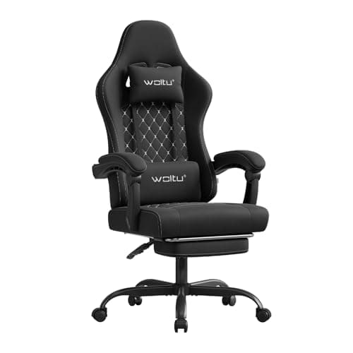 WOLTU Silla Gaming Ergonómica, Silla Oficina con Soporte Lumbar Masaje y Reposapiés Extraible, Silla Giratoria con Gran Asiento de Muelle, Capacidad de 150 kg, Tela Sintética, Negro+Blanco