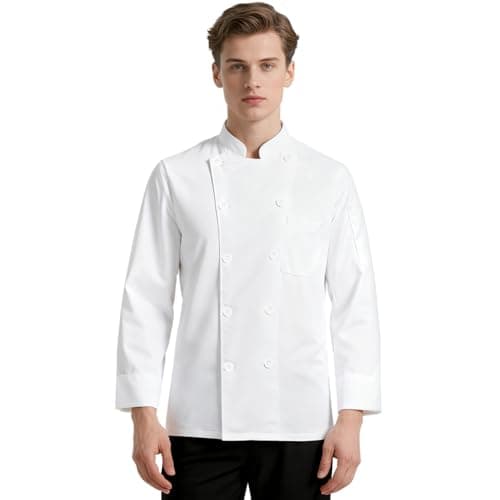 DiULi Chaquetilla Chef Hombre y Mujer, Chaqueta de Chef Manga Larga, Chaquetas Cocinero, Casaca Cocina Uniforme con Botónes, Abrigo de Trabajo Camarero Unisex para Hosteleria,Cocina,Restaurante Blanco