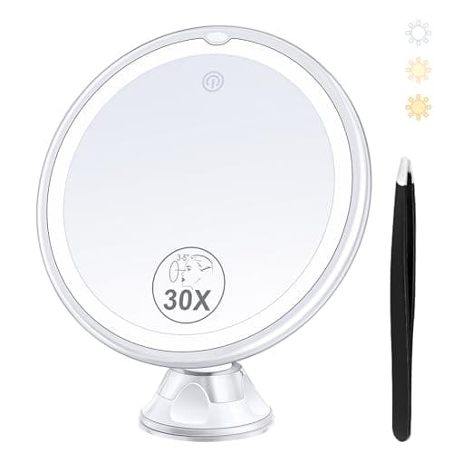 MIYADIVA Espejo de Aumento con Luz 30X, Espejo de Maquillaje de Aumento 30X para Maquillaje de Precisión, 3 Modos de Colores y Brillo Ajustable, Espejo para Baño 8 Pulgadas