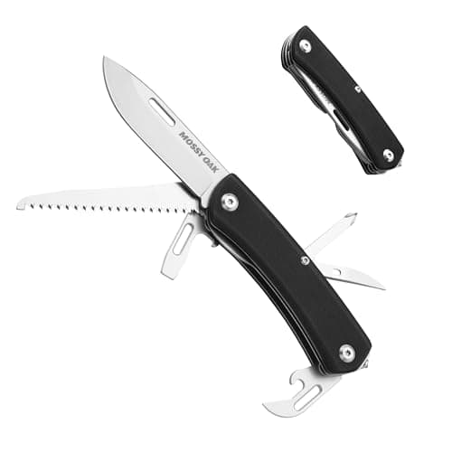 Mossy Oak Navaja Multiherramienta 10 en 1 con Hoja de Acero Inoxidable, Cuchillo de Bolsillo con Abrebotellas, Destornillador, Sierra y Clip, para Camping y Senderismo
