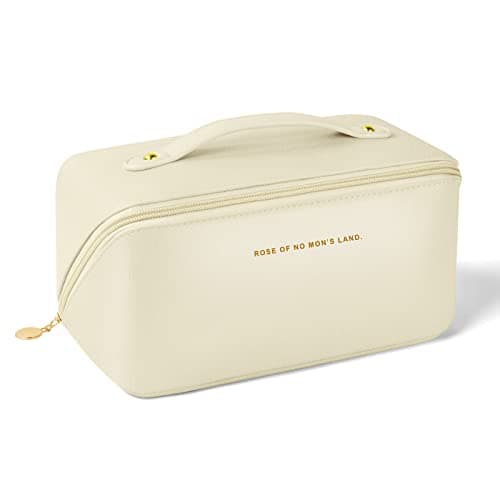 Aucuu Bolsa de Cosméticos de Viaje de Gran Capacidad, Bolsa de Maquillaje de PU, Bolsa de Lavado de Viaje Multifuncional y Portátil de Viaje con Asa y Cremallera, para Viajes, Baño-Albaricoque Blanco
