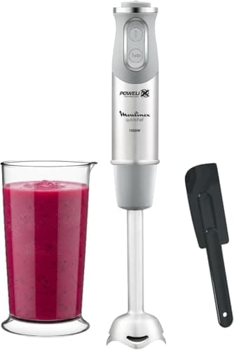 Moulinex Quickchef, Batidora de mano + Espátula, Pie metálico, 1000 W, 10 velocidades, Vaso medidor 800 ml, cuchillas Powelix, Gris DD65ADES
