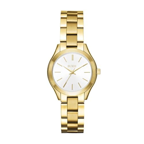 BUREI Reloj de Pulsera analógico Minimalista de Cuarzo para Mujer, clásico, Acero Inoxidable, Regalo para Mujer (Dorado Blanco)