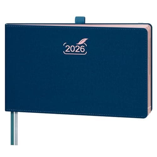 BEZEND Agenda 2026 Semana Vista 23 x 14 cm - Agenda Semanal, Formato Horizontal con Horario Vertical, Borde de Oro Rosa, Tapa Dura en Cuero PU, Azul Prusia