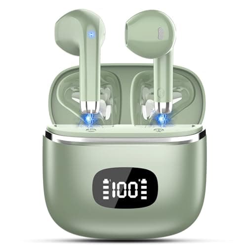 POMUIC Auriculares Inalámbricos Bluetooth 5.3 Con 4 HD Mic HiFi Estéreo, Potentes Altavoces de 13.4 mm, LED Pantalla, IPX7 Impermeable, Verde