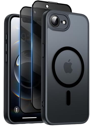 Qasyfanc Funda Magnética para iPhone 17e/16e Compatible MagSafe con 2 Privacidad Cristal Templado Antiespia, Protección de Cámara Carcasa Translúcida Mate Trasera, Fina Antigolpes Negro