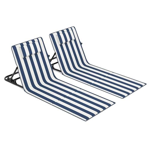 SONGMICS Tumbona de Playa, Juego de 2, Tumbona, Cojín, Respaldo Basculante, Portátil con Asa, para Camping Jardín Piscina, 158 x 55 cm, Azul Medianoche y Blanco Nube GCB251QZ02