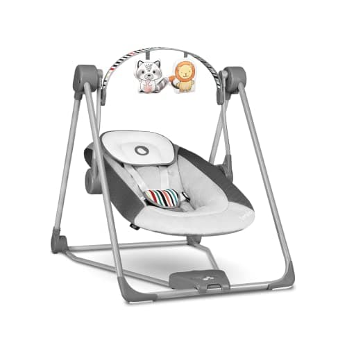 LIONELO Otto Columpio portátil para bebés hasta 9 kg, 5 velocidades de balanceo, Sistema de Cinturones de Seguridad, Fácil Montaje, Arco de Juguetes interactivos Ajustable Gris (Gris)