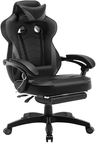 WOLTU Silla Gaming, Cuero Sintéticor Ergonómica Gaming para Chair con Reposapiés Silla Gamer Sillón Giratorio Videojuegos, Silla Oficina Gran Respaldo y Asiento para Personas Grandes Negro+Gris
