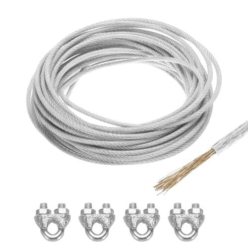 QUARKZMAN Cable de Acero Galvanizado Recubierto de Vinilo Transparente de 5 Mm (3/16 Pulgadas), Cable de Alambre de Acero Galvanizado de 15M / 49 Pies con 4 Bucles M6
