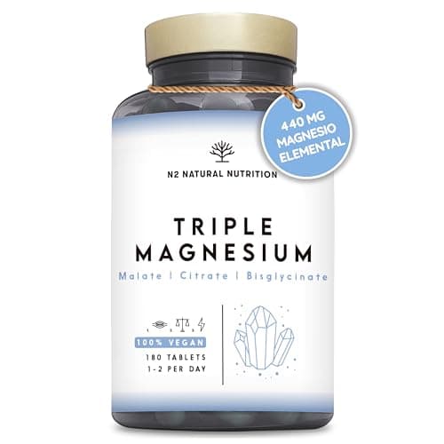 Citrato de Magnesio 1440mg + Magnesio Bisglicinato 600mg + Malato 600mg. 440mg de Elemental de Alta Biodisponibilidad. Reduce Cansancio, Alivia Dolor Articulaciones y Músculos. 3 meses. N2